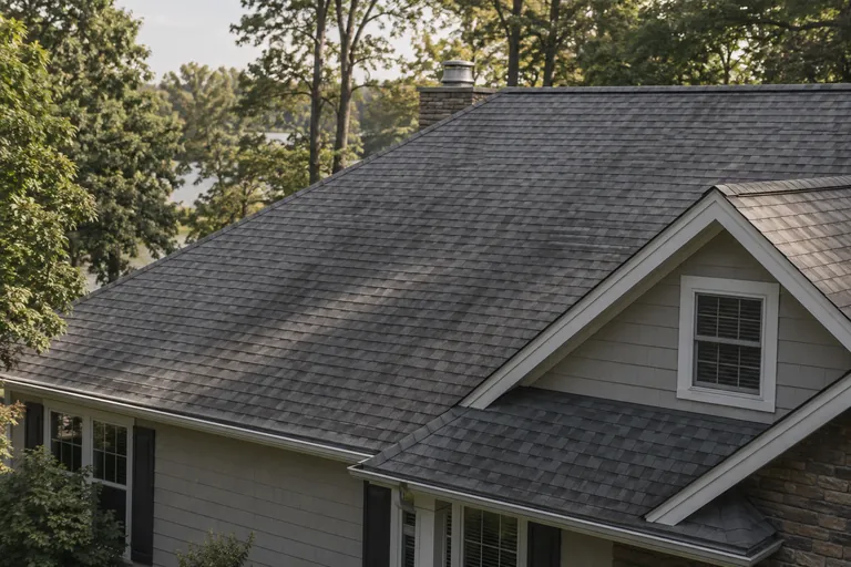 Illustrative asphalt roof with moderate dirt and dark streaking