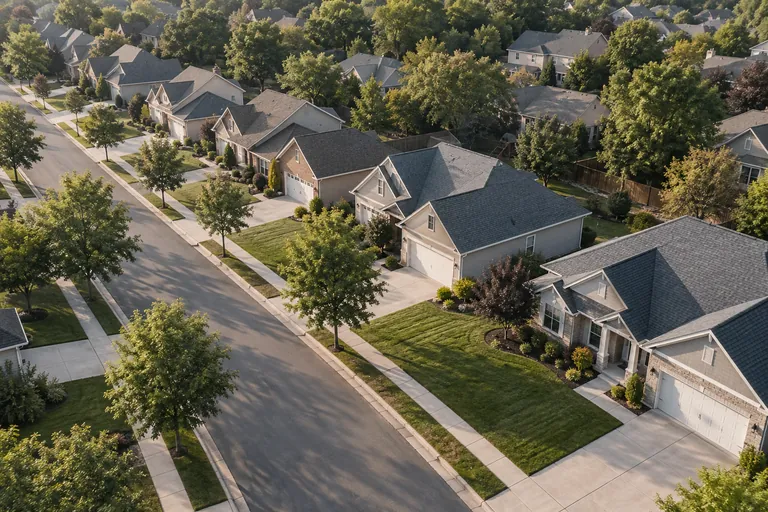 Illustrative neighborhood with adjacent homes and visible roofs
