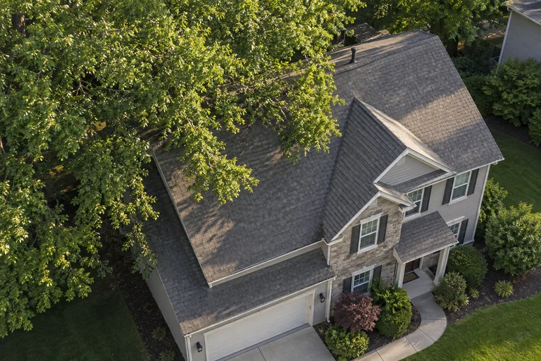 Illustrative home showing the roof edge, gutters and exterior