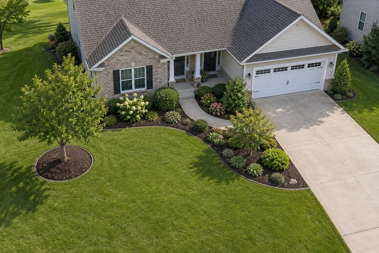 Illustrative home with visible planting beds and a driveway