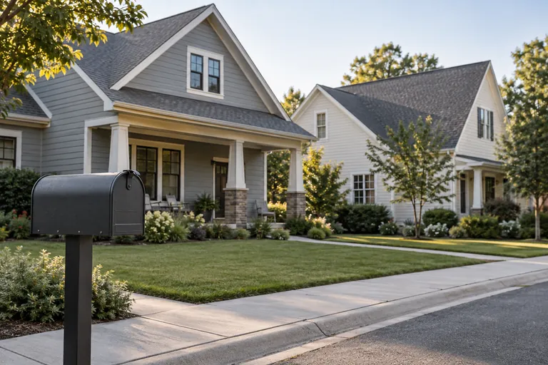 Illustrative homes and an unmarked mailbox for a property mailing campaign