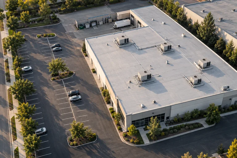 Illustrative commercial property with parking and landscaped grounds