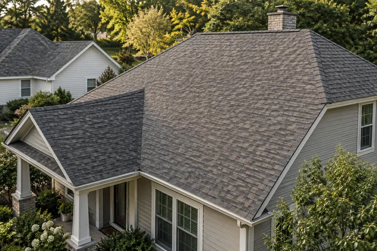 Illustrative close view of naturally weathered, intact asphalt shingle roofs