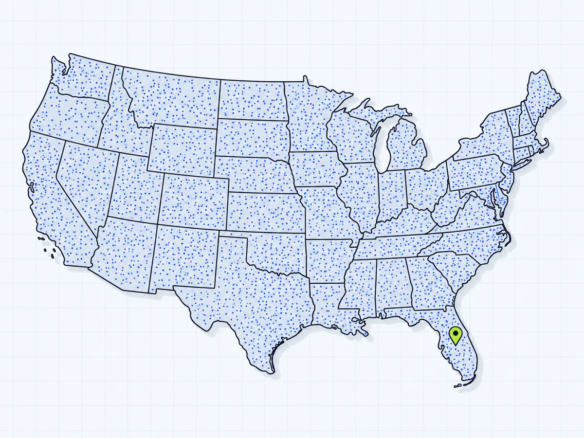 Map of the contiguous United States, every state covered, a pin on Florida