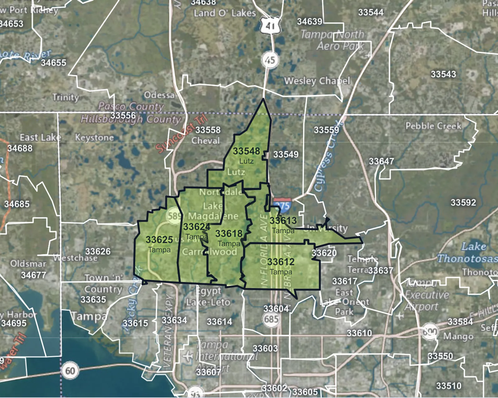 Satellite map of Tampa with six ZIP areas selected