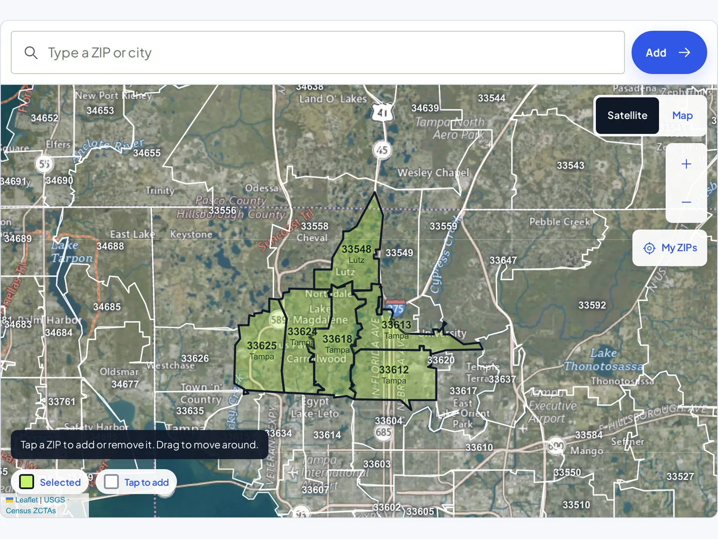 The territory map with six selected ZIPs around Tampa